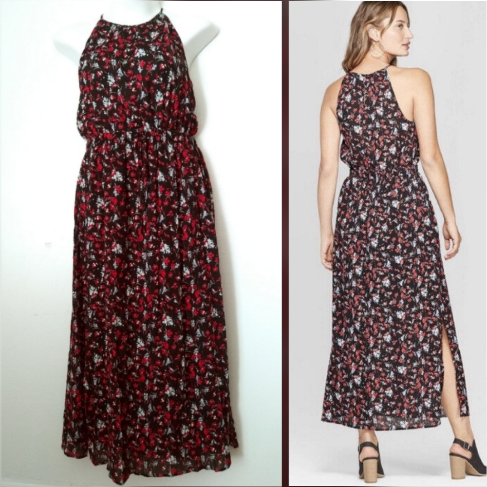 Universal Thread Slit Floral Maxi Dress - Black and Red Size L